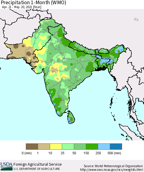 Southern Asia Precipitation 1-Month (WMO) Thematic Map For 4/21/2021 - 5/20/2021