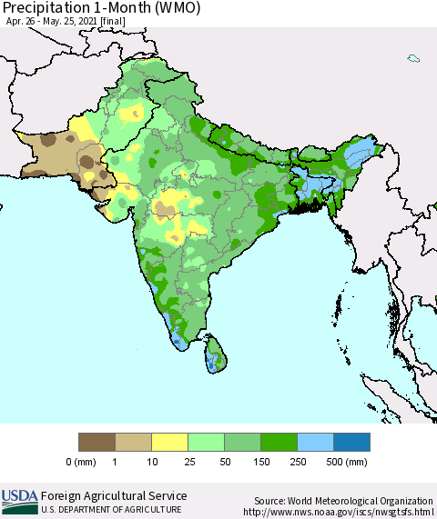 Southern Asia Precipitation 1-Month (WMO) Thematic Map For 4/26/2021 - 5/25/2021