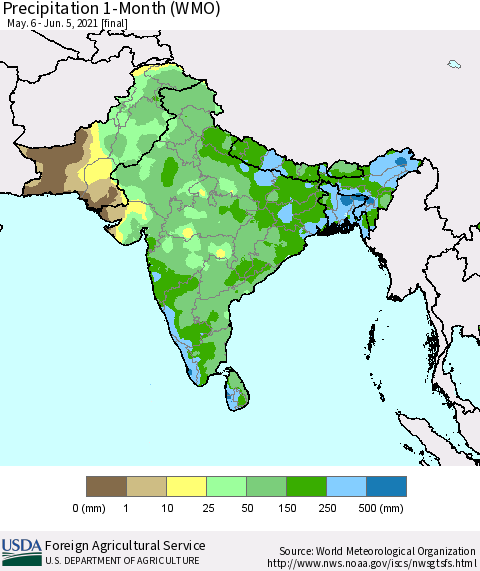 Southern Asia Precipitation 1-Month (WMO) Thematic Map For 5/6/2021 - 6/5/2021