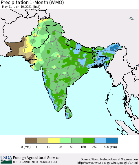 Southern Asia Precipitation 1-Month (WMO) Thematic Map For 5/11/2021 - 6/10/2021