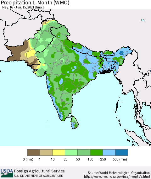 Southern Asia Precipitation 1-Month (WMO) Thematic Map For 5/16/2021 - 6/15/2021