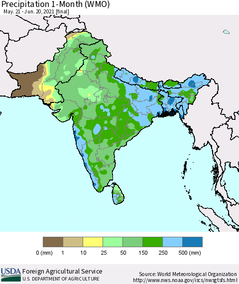 Southern Asia Precipitation 1-Month (WMO) Thematic Map For 5/21/2021 - 6/20/2021