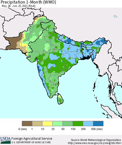 Southern Asia Precipitation 1-Month (WMO) Thematic Map For 5/26/2021 - 6/25/2021