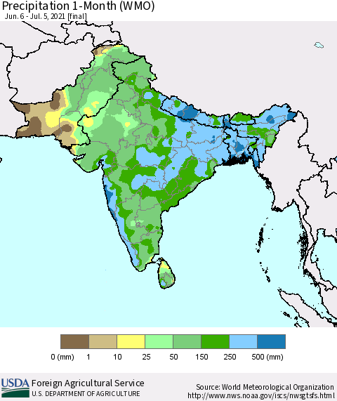 Southern Asia Precipitation 1-Month (WMO) Thematic Map For 6/6/2021 - 7/5/2021
