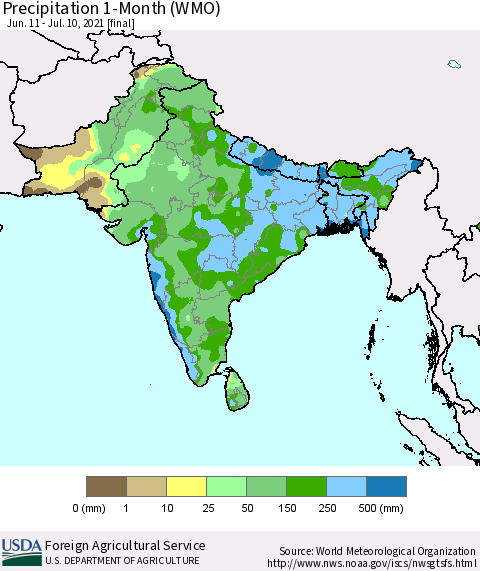 Southern Asia Precipitation 1-Month (WMO) Thematic Map For 6/11/2021 - 7/10/2021