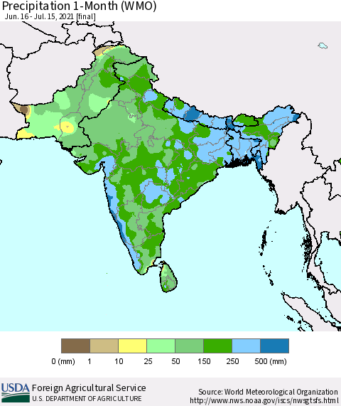 Southern Asia Precipitation 1-Month (WMO) Thematic Map For 6/16/2021 - 7/15/2021