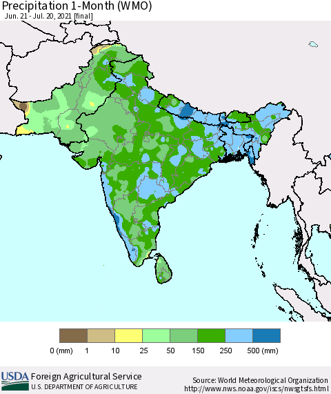 Southern Asia Precipitation 1-Month (WMO) Thematic Map For 6/21/2021 - 7/20/2021