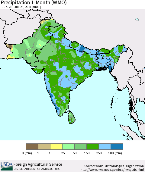 Southern Asia Precipitation 1-Month (WMO) Thematic Map For 6/26/2021 - 7/25/2021