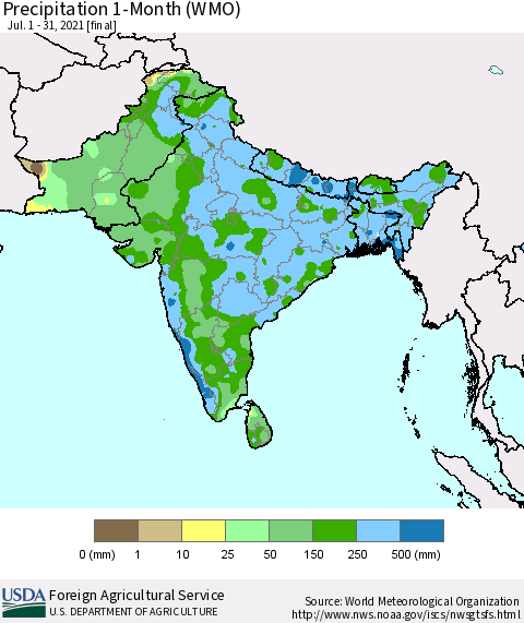 Southern Asia Precipitation 1-Month (WMO) Thematic Map For 7/1/2021 - 7/31/2021