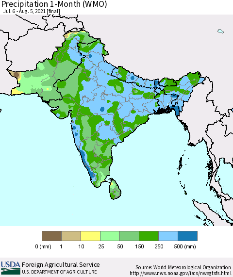 Southern Asia Precipitation 1-Month (WMO) Thematic Map For 7/6/2021 - 8/5/2021