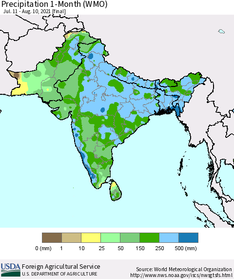 Southern Asia Precipitation 1-Month (WMO) Thematic Map For 7/11/2021 - 8/10/2021