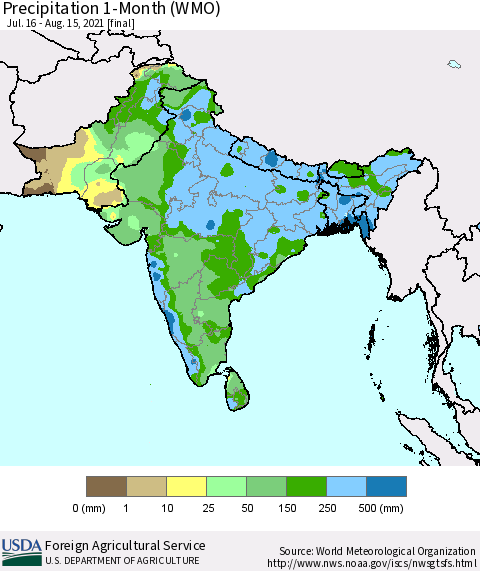 Southern Asia Precipitation 1-Month (WMO) Thematic Map For 7/16/2021 - 8/15/2021