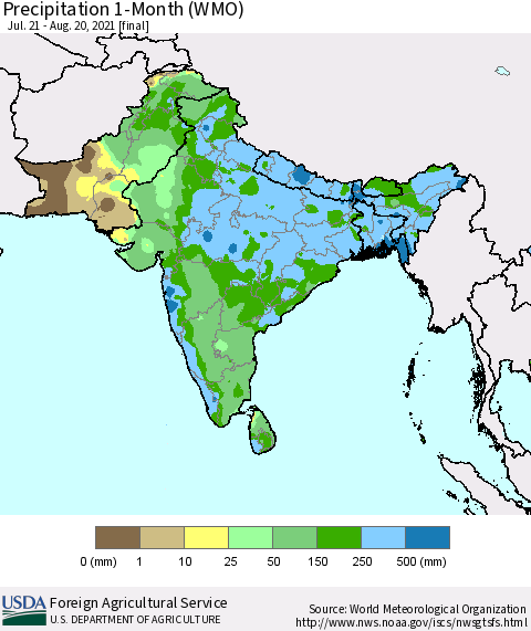 Southern Asia Precipitation 1-Month (WMO) Thematic Map For 7/21/2021 - 8/20/2021