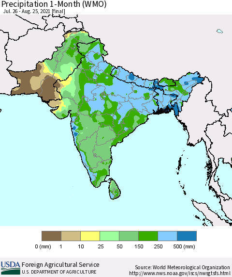 Southern Asia Precipitation 1-Month (WMO) Thematic Map For 7/26/2021 - 8/25/2021