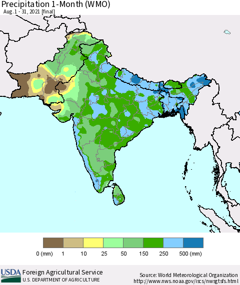 Southern Asia Precipitation 1-Month (WMO) Thematic Map For 8/1/2021 - 8/31/2021