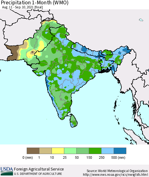 Southern Asia Precipitation 1-Month (WMO) Thematic Map For 8/11/2021 - 9/10/2021