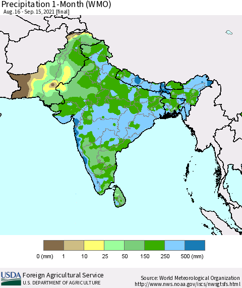 Southern Asia Precipitation 1-Month (WMO) Thematic Map For 8/16/2021 - 9/15/2021