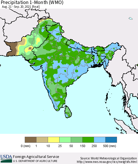 Southern Asia Precipitation 1-Month (WMO) Thematic Map For 8/21/2021 - 9/20/2021