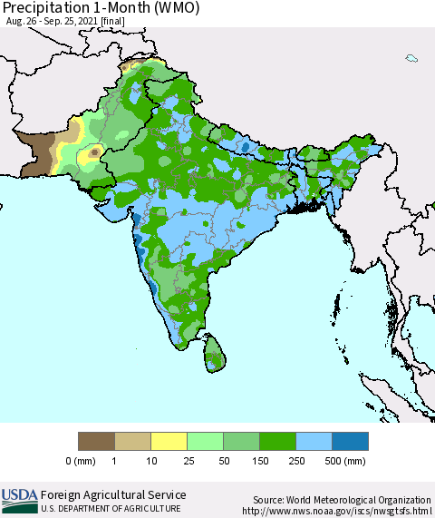 Southern Asia Precipitation 1-Month (WMO) Thematic Map For 8/26/2021 - 9/25/2021
