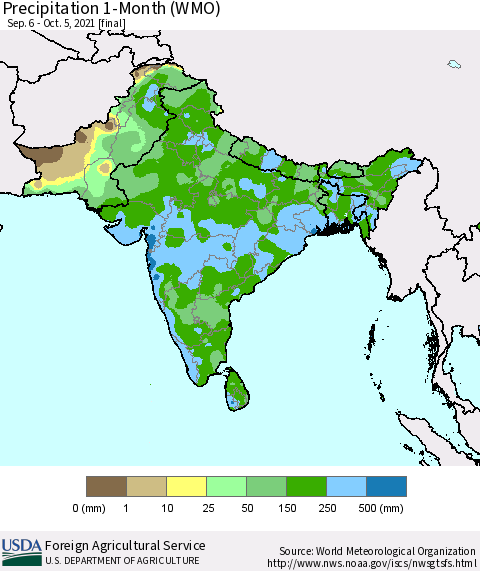 Southern Asia Precipitation 1-Month (WMO) Thematic Map For 9/6/2021 - 10/5/2021