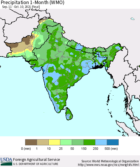 Southern Asia Precipitation 1-Month (WMO) Thematic Map For 9/11/2021 - 10/10/2021