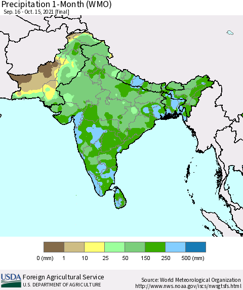 Southern Asia Precipitation 1-Month (WMO) Thematic Map For 9/16/2021 - 10/15/2021