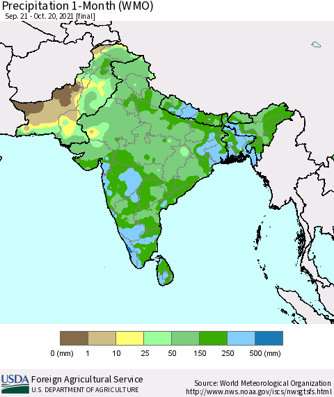 Southern Asia Precipitation 1-Month (WMO) Thematic Map For 9/21/2021 - 10/20/2021