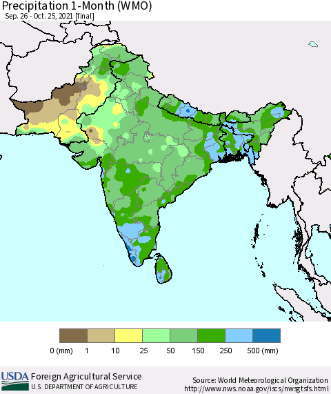 Southern Asia Precipitation 1-Month (WMO) Thematic Map For 9/26/2021 - 10/25/2021