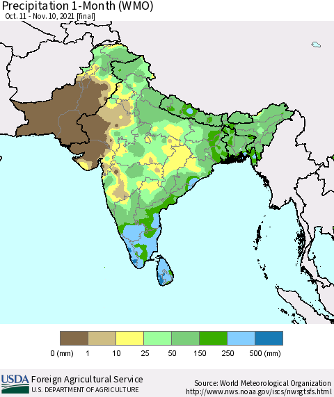 Southern Asia Precipitation 1-Month (WMO) Thematic Map For 10/11/2021 - 11/10/2021