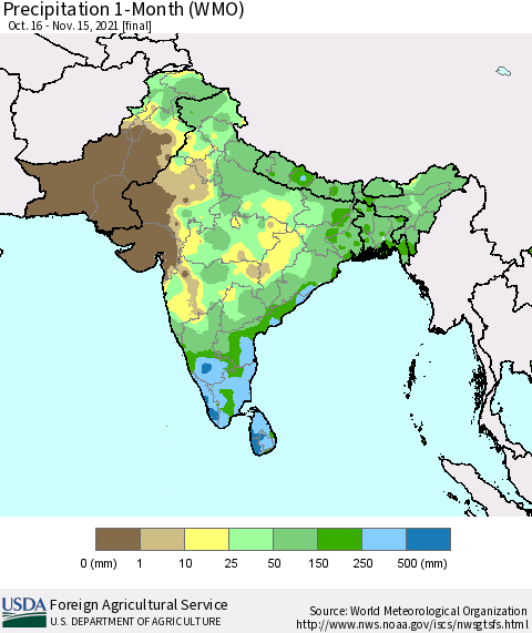 Southern Asia Precipitation 1-Month (WMO) Thematic Map For 10/16/2021 - 11/15/2021