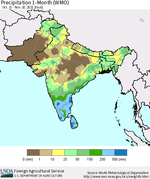 Southern Asia Precipitation 1-Month (WMO) Thematic Map For 10/21/2021 - 11/20/2021