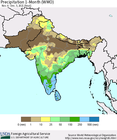 Southern Asia Precipitation 1-Month (WMO) Thematic Map For 11/6/2021 - 12/5/2021