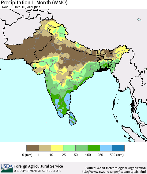 Southern Asia Precipitation 1-Month (WMO) Thematic Map For 11/11/2021 - 12/10/2021