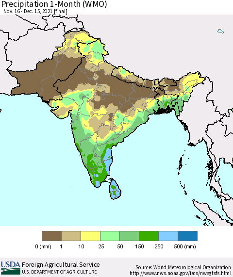 Southern Asia Precipitation 1-Month (WMO) Thematic Map For 11/16/2021 - 12/15/2021