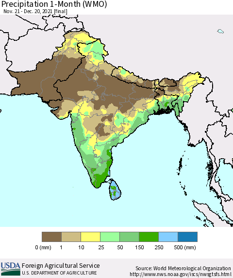 Southern Asia Precipitation 1-Month (WMO) Thematic Map For 11/21/2021 - 12/20/2021