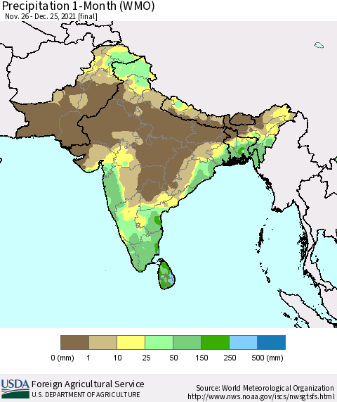 Southern Asia Precipitation 1-Month (WMO) Thematic Map For 11/26/2021 - 12/25/2021