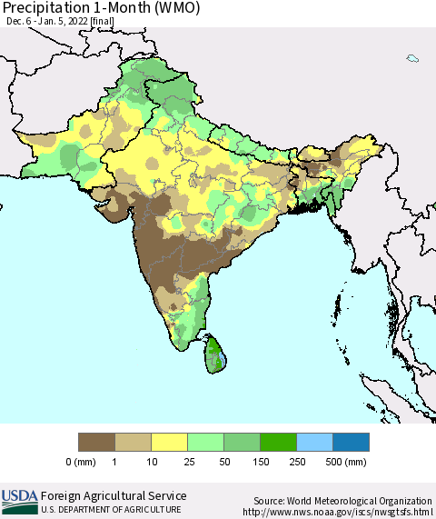 Southern Asia Precipitation 1-Month (WMO) Thematic Map For 12/6/2021 - 1/5/2022