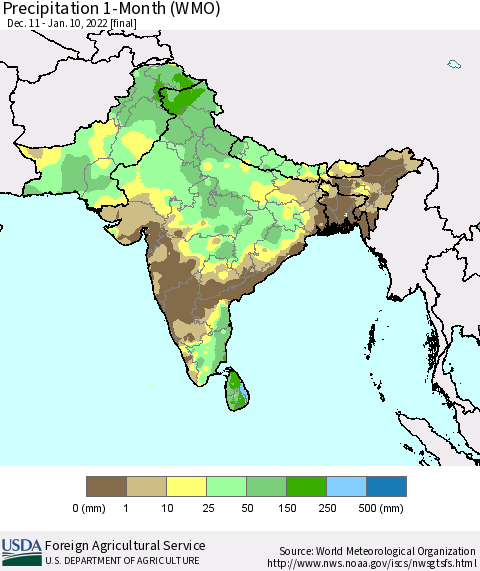 Southern Asia Precipitation 1-Month (WMO) Thematic Map For 12/11/2021 - 1/10/2022