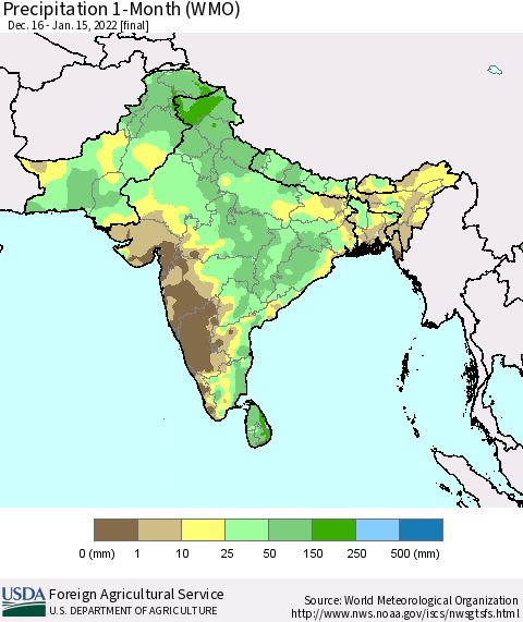 Southern Asia Precipitation 1-Month (WMO) Thematic Map For 12/16/2021 - 1/15/2022
