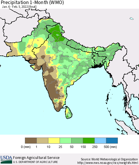 Southern Asia Precipitation 1-Month (WMO) Thematic Map For 1/6/2022 - 2/5/2022