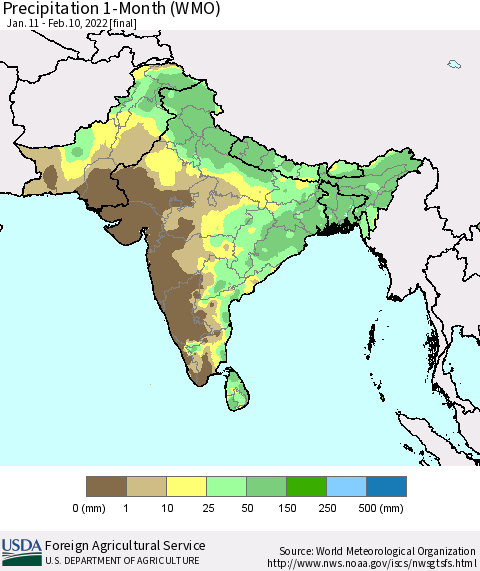 Southern Asia Precipitation 1-Month (WMO) Thematic Map For 1/11/2022 - 2/10/2022