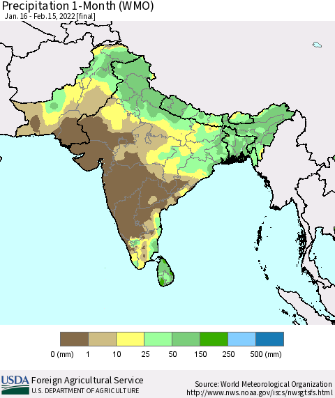 Southern Asia Precipitation 1-Month (WMO) Thematic Map For 1/16/2022 - 2/15/2022