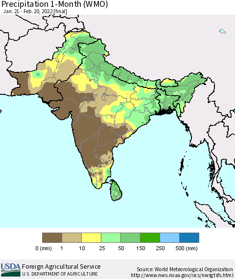 Southern Asia Precipitation 1-Month (WMO) Thematic Map For 1/21/2022 - 2/20/2022
