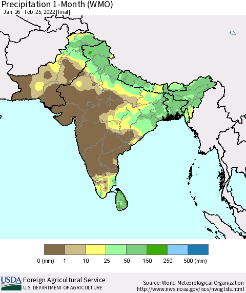 Southern Asia Precipitation 1-Month (WMO) Thematic Map For 1/26/2022 - 2/25/2022