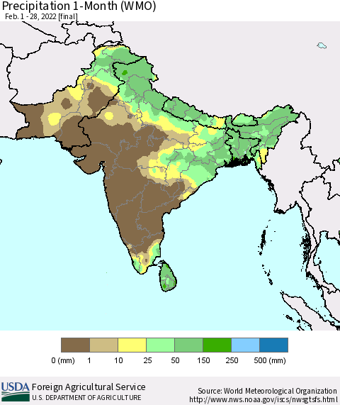 Southern Asia Precipitation 1-Month (WMO) Thematic Map For 2/1/2022 - 2/28/2022
