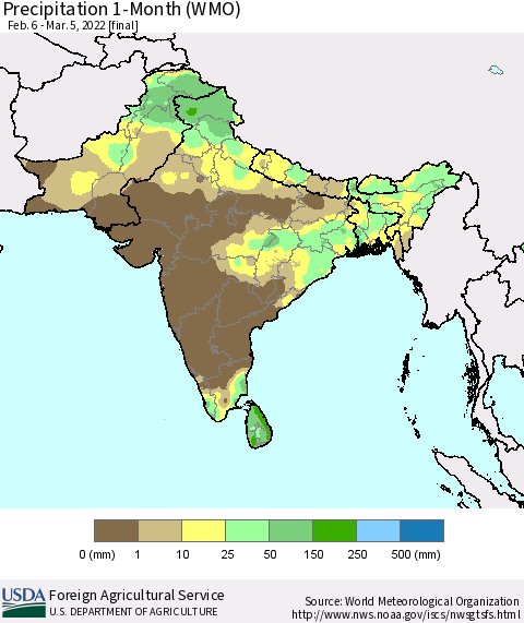 Southern Asia Precipitation 1-Month (WMO) Thematic Map For 2/6/2022 - 3/5/2022