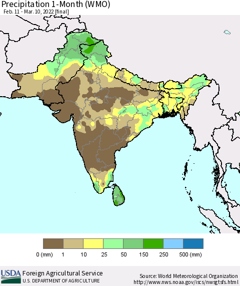Southern Asia Precipitation 1-Month (WMO) Thematic Map For 2/11/2022 - 3/10/2022