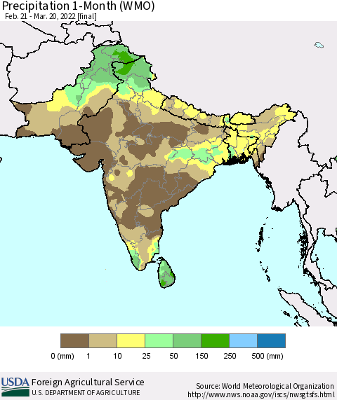 Southern Asia Precipitation 1-Month (WMO) Thematic Map For 2/21/2022 - 3/20/2022