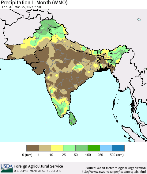 Southern Asia Precipitation 1-Month (WMO) Thematic Map For 2/26/2022 - 3/25/2022
