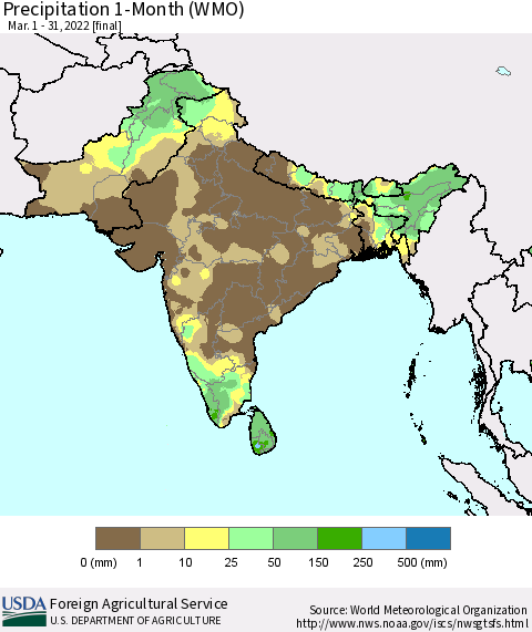Southern Asia Precipitation 1-Month (WMO) Thematic Map For 3/1/2022 - 3/31/2022
